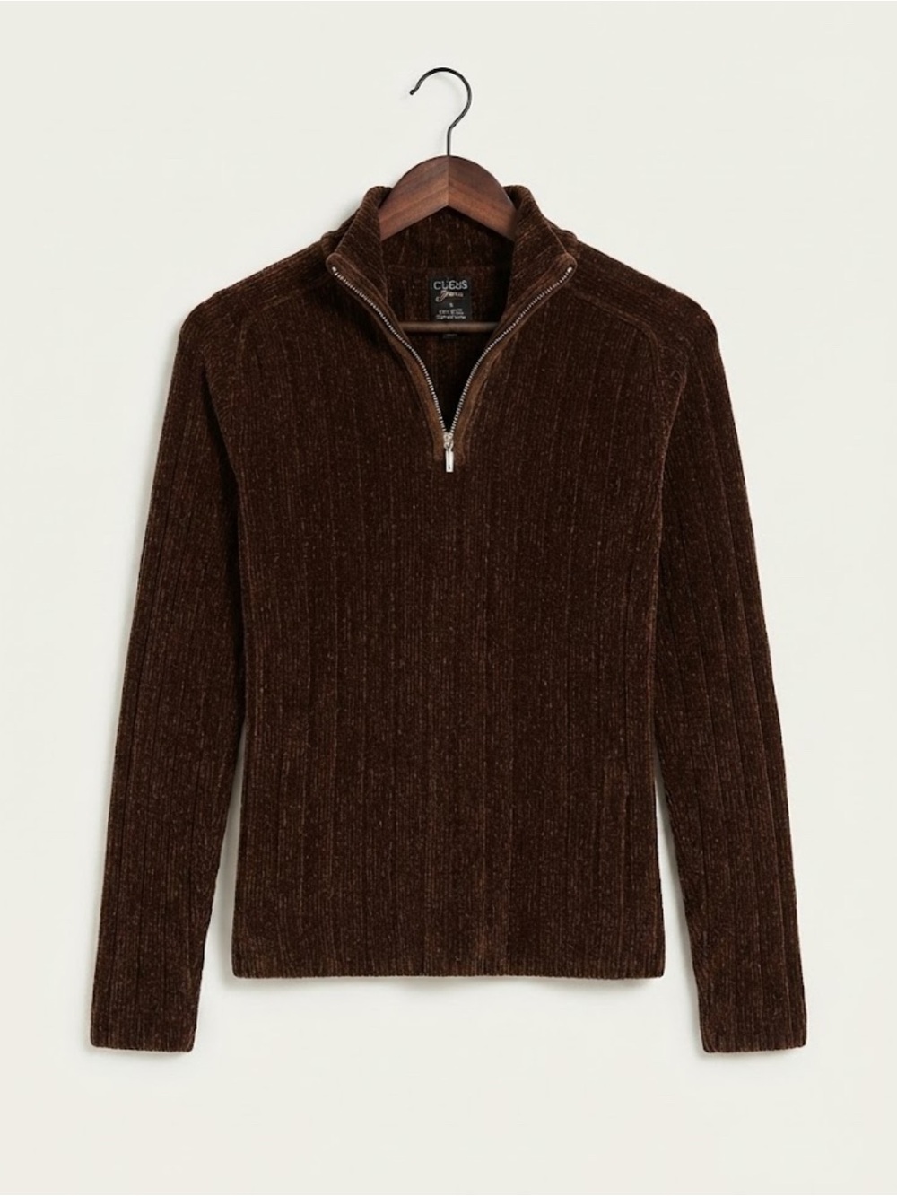 GUESS Vintage Brown Velour Ribbed Quarter-Zip Sweater - Size Small
